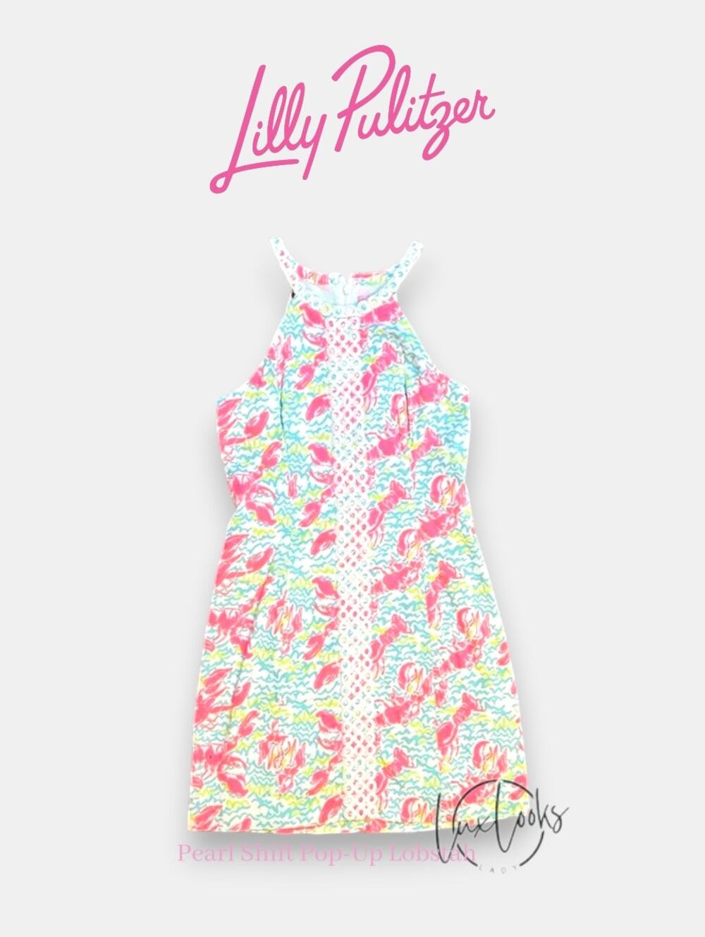 EUC Lilly Pulitzer Pearl Shift Pop-Up Lobstah Lobster Roll Lace Dress Size 2